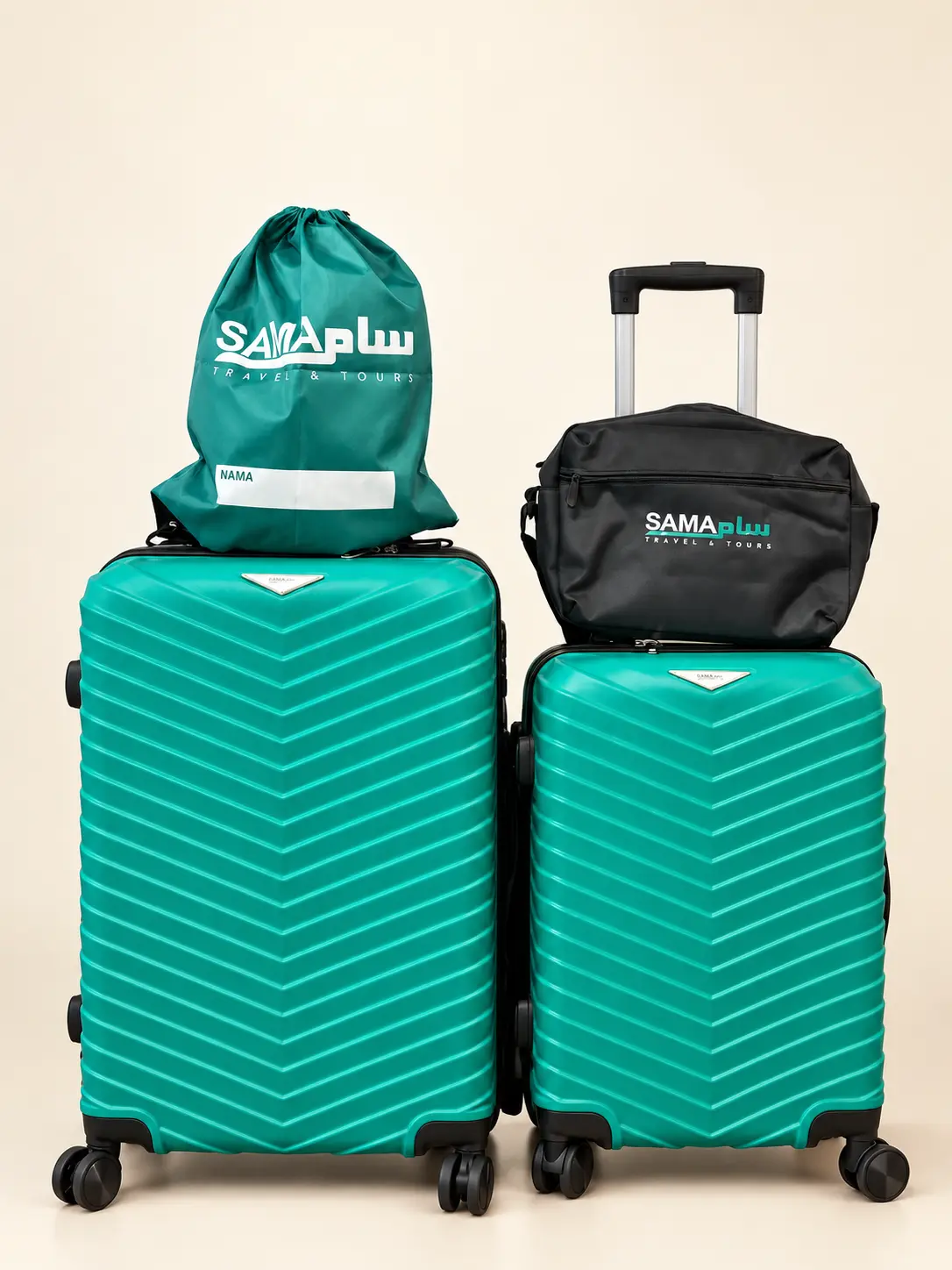 Set bagasi SAMA Travel: dua bagasi turquoise, satu beg silang hitam dan satu beg telekung atau kasut